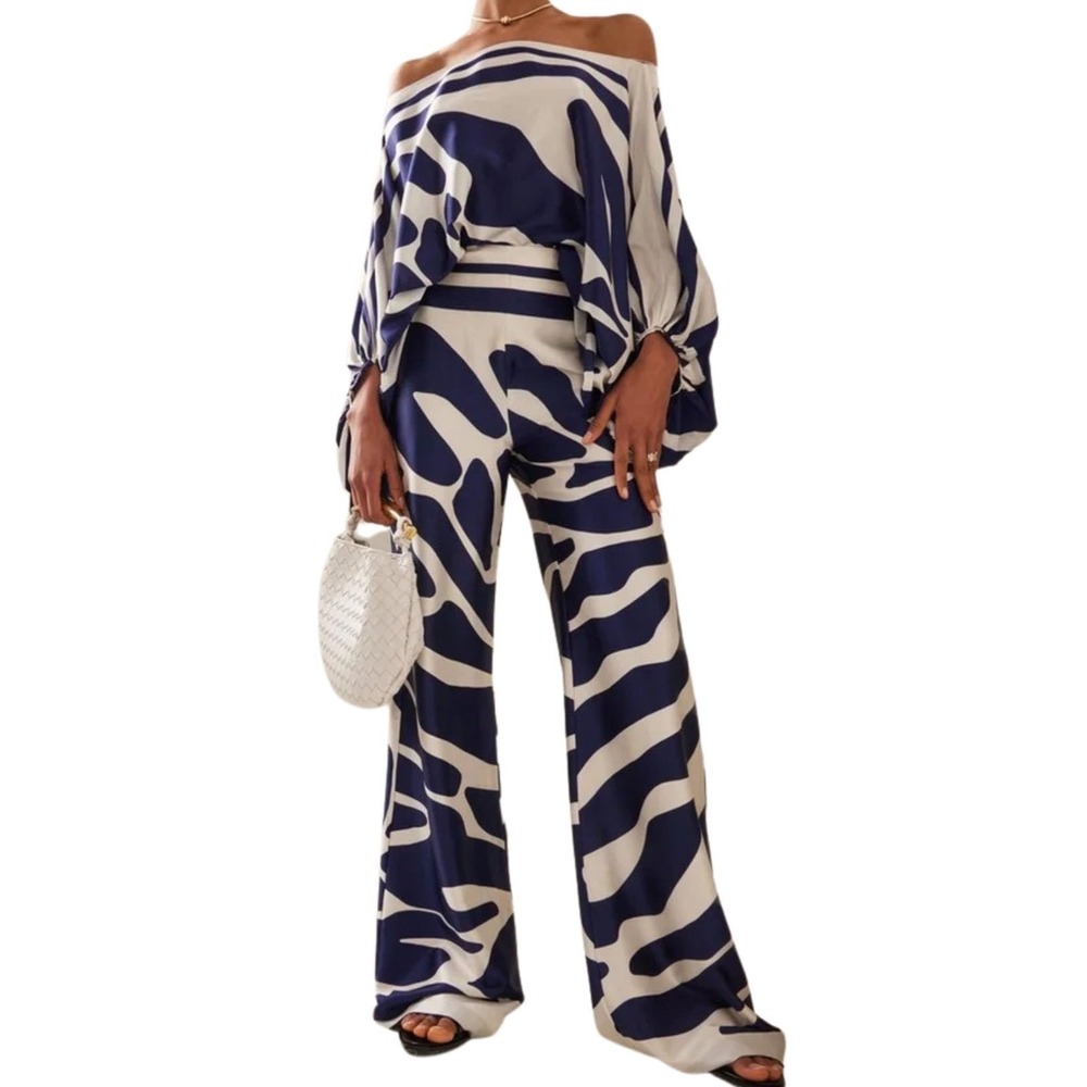 Blue White Abstract Zebra Print 2 Piece Set Off Shoulder Top Wide Leg Pants S